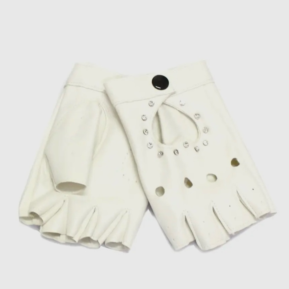 White Fingerless Baddie Leather Gloves with Studs